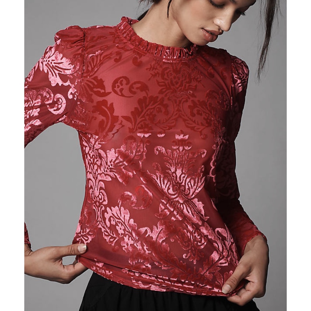 NWT Anthropologie Red Long Sleeves Sheer Back Tie Velvet Burnout Top XS